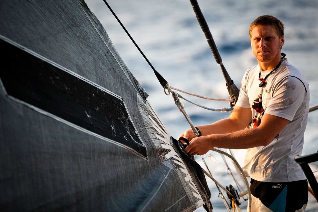 Rome Kirby changing clew attachments for different sheeting angles on a large genoa. PUMA Ocean Racing powered by BERG during leg 2 of the Volvo Ocean Race 2011-12, from Cape Town, South Africa to Abu Dhabi, UAE. (Credit: Amory Ross/PUMA Ocean Racing/Volvo Ocean Race)  © Amory Ross/Puma Ocean Racing/Volvo Ocean Race http://www.puma.com/sailing